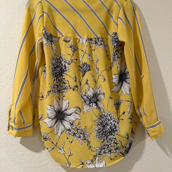 Anthropology Fig and Flower Blouse PS Yellow White Striped Floral Print Button - Picture 6 of 8